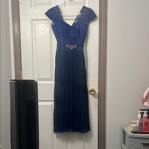 Elegant Moments Blue Pleated Embellished Midi Gown